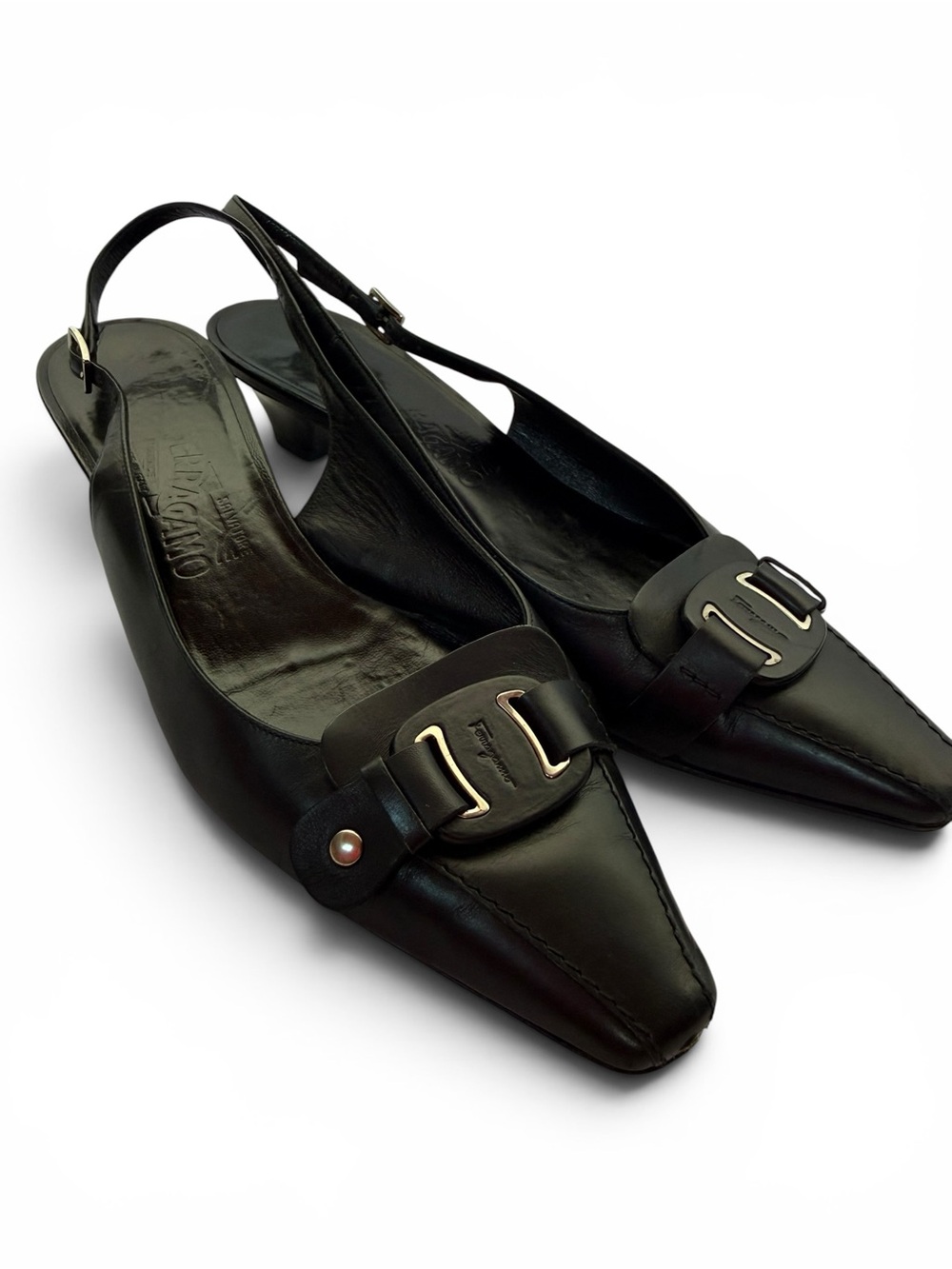 Salvatore Ferragamo Y2K Black Leather Pointed Toe Slingbacks 9